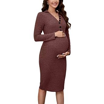 Women's Maternity Dress Long Sleeve Sweater Dress Button Ribbed Knit Slim Fit Elegant Midi Dresses