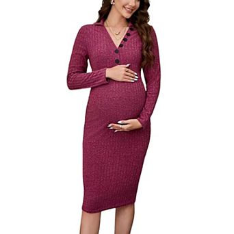 Women's Maternity Dress Long Sleeve Sweater Dress Button Ribbed Knit Slim Fit Elegant Midi Dresses