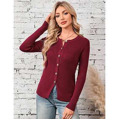 Women’s Simple Design Casual Knit Top Slim Fit Round Neck Long Sleeve Ribbed Cardigan Sweater