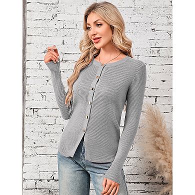 Women’s Simple Design Casual Knit Top Slim Fit Round Neck Long Sleeve Ribbed Cardigan Sweater