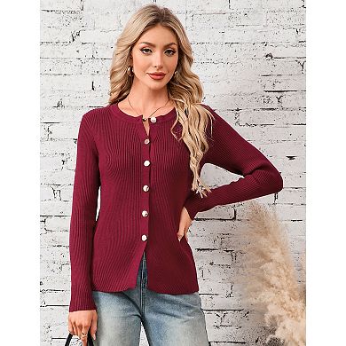 Women’s Simple Design Casual Knit Top Slim Fit Round Neck Long Sleeve Ribbed Cardigan Sweater