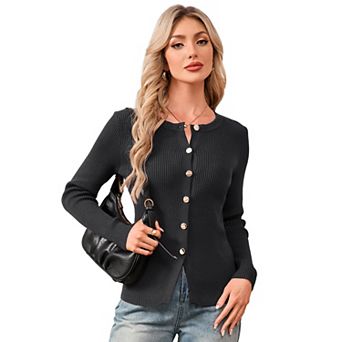Women’s Simple Design Casual Knit Top Slim Fit Round Neck Long Sleeve Ribbed Cardigan Sweater