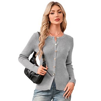 Women’s Simple Design Casual Knit Top Slim Fit Round Neck Long Sleeve Ribbed Cardigan Sweater