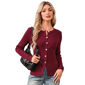 Women’s Simple Design Casual Knit Top Slim Fit Round Neck Long Sleeve Ribbed Cardigan Sweater