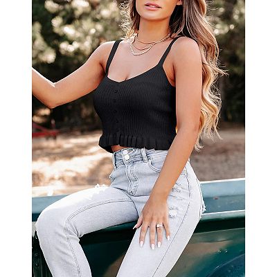 Womens Sleeveless Halter Crop Top Knit Sweater Vest Ribbed
