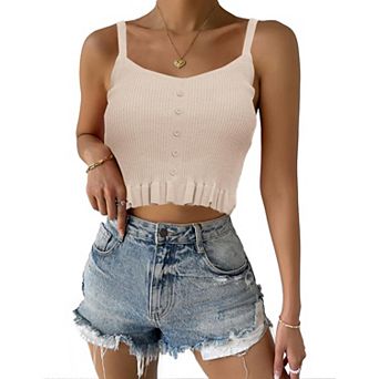 Womens Sleeveless Halter Crop Top Knit Sweater Vest Ribbed Camisole Tank Tops