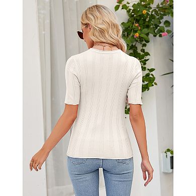 Womens Short Sleeve Crew Neck T Shirts Slim Fitted Summer Ribbed Knit Basic Casual Tee Tops