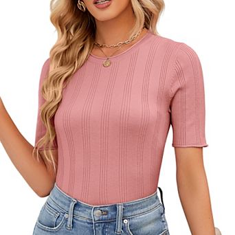 Womens Short Sleeve Crew Neck T Shirts Slim Fitted Summer Ribbed Knit Basic Casual Tee Tops