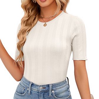 Womens Short Sleeve Crew Neck T Shirts Slim Fitted Summer Ribbed Knit Basic Casual Tee Tops
