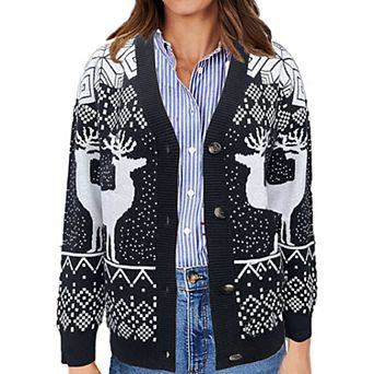 Womens Christmas Sweater Cardigan Ugly Sweater Long Sleeve Reindeer Open Front Sweater Knit Cardigan