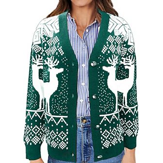 Womens Christmas Sweater Cardigan Ugly Sweater Long Sleeve Reindeer Open Front Sweater Knit Cardigan