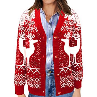 Womens Christmas Sweater Cardigan Ugly Sweater Long Sleeve Reindeer Open Front Sweater Knit Cardigan