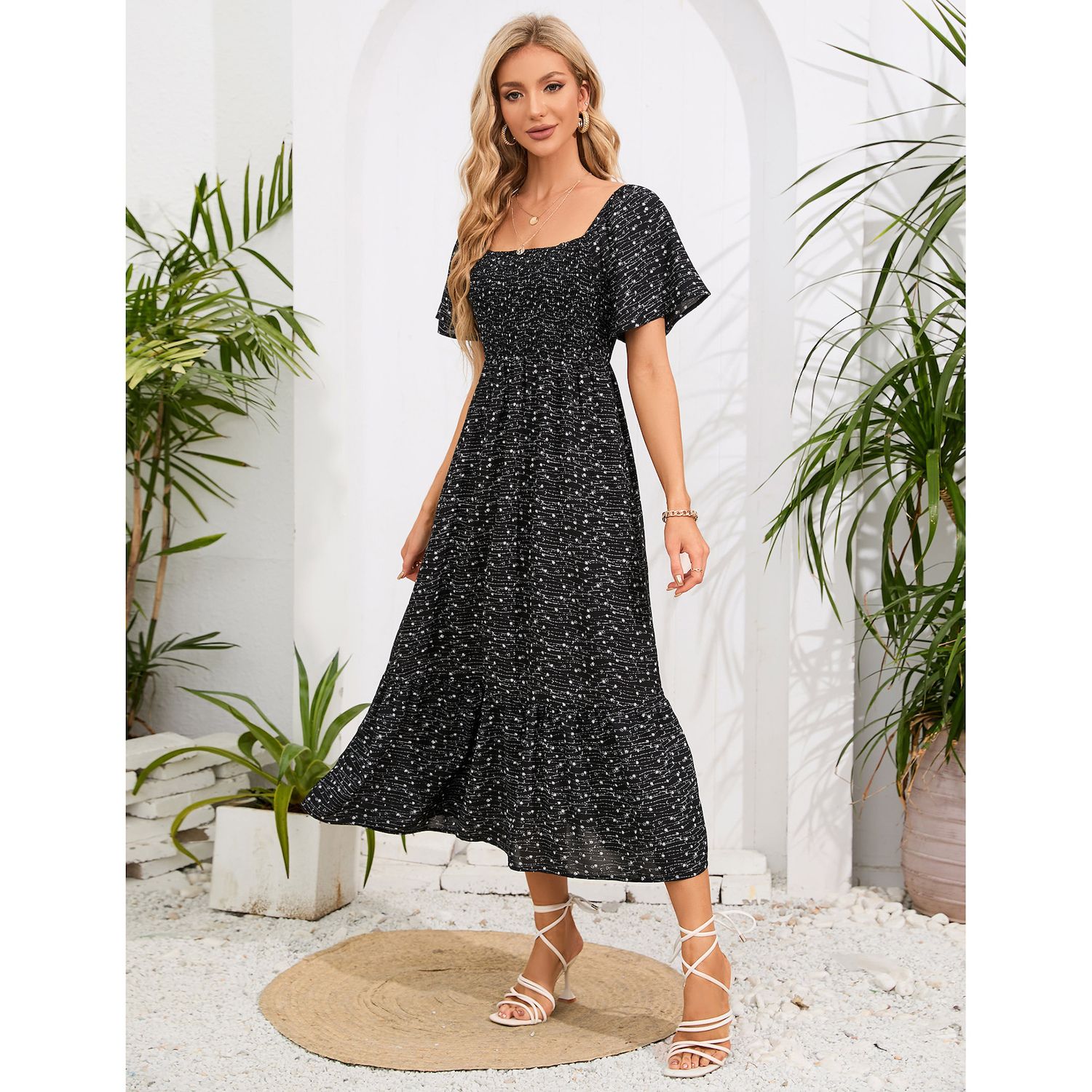 Robe Maternité KOJOOIN Women's Maternity Flutter Sleeve Square Neck Maxi  Dress - Boho Summer Casual Dress Boho Smocked Maternity Wear