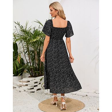 Maternity Dress Women's Summer Square Neck Smocked Maxi Dress Short Sleeve Pregnancy Dress
