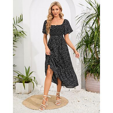 Maternity Dress Women's Summer Square Neck Smocked Maxi Dress Short Sleeve Pregnancy Dress