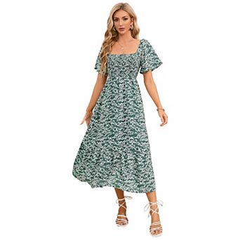 Maternity Dress Women's Summer Square Neck Smocked Maxi Dress Short Sleeve Pregnancy Dress