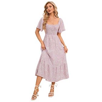 Maternity Dress Women's Summer Square Neck Smocked Maxi Dress Short Sleeve Pregnancy Dress