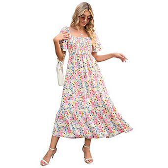 Maternity Dress Women's Summer Square Neck Smocked Maxi Dress Short Sleeve Pregnancy Dress