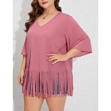 Women's Plus Size Fringe Hem Short Sleeve V-Neck T Shirt Tops