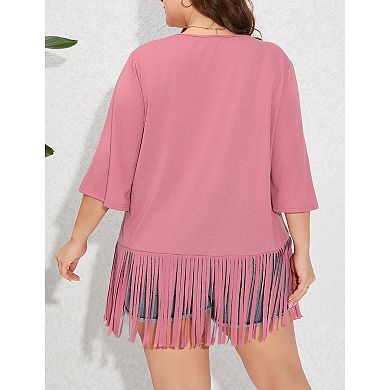 Women's Plus Size Fringe Hem Short Sleeve V-Neck T Shirt Tops