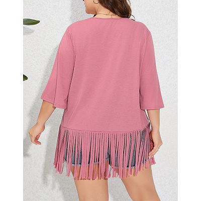【関税・送料込】(3 colors) Oversized fringe hem t-shirts Women's Plus Size Fringe Hem Short Sleeve V-Neck T Shirt Tops