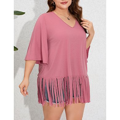Women's Plus Size Fringe Hem Short Sleeve V-Neck T Shirt Tops