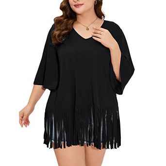 Women's Plus Size Fringe Hem Short Sleeve V-Neck T Shirt Tops