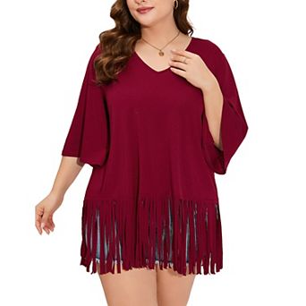 Women's Plus Size Fringe Hem Short Sleeve V-Neck T Shirt Tops