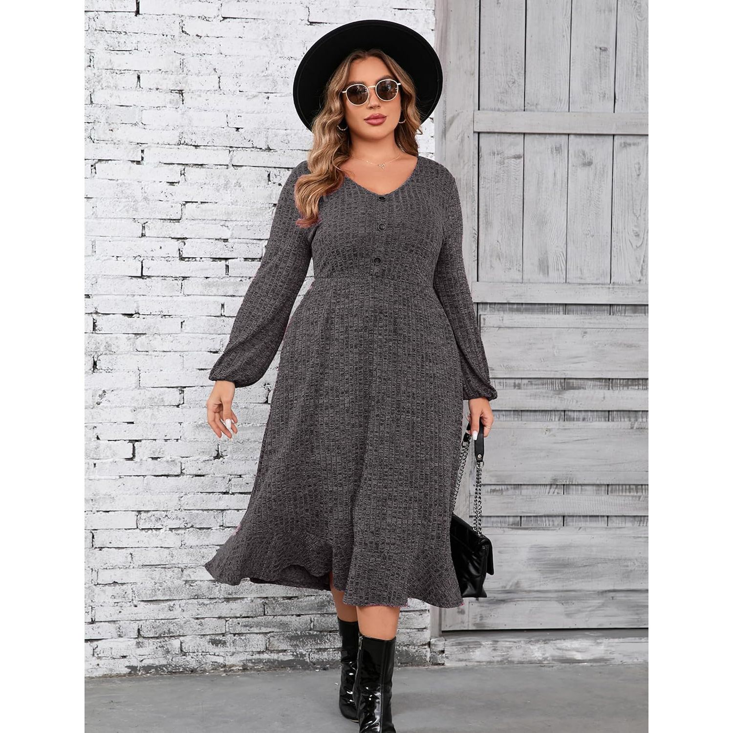 Women's Plus Size Sweater Dress V-Neck Long Sleeve Fall Winter Dressed with  Pockets