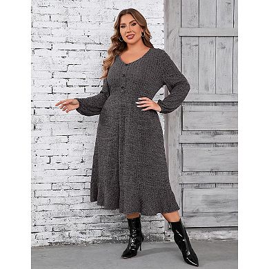 Women's Plus Size Sweater Dress V-Neck Long Sleeve Fall Winter Dressed with Pockets