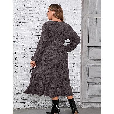 Women's Plus Size Sweater Dress V-Neck Long Sleeve Fall Winter Dressed with Pockets