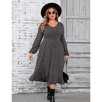 Women's Plus Size Sweater Dress V-Neck Long Sleeve Fall Winter Dressed with Pockets
