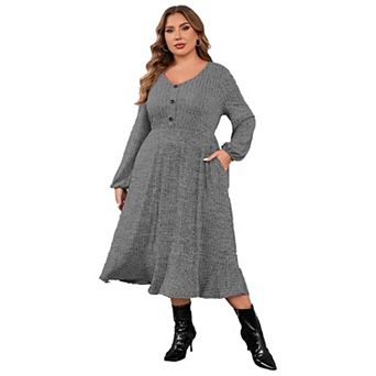 Women's Plus Size Sweater Dress V-Neck Long Sleeve Fall Winter Dressed with Pockets
