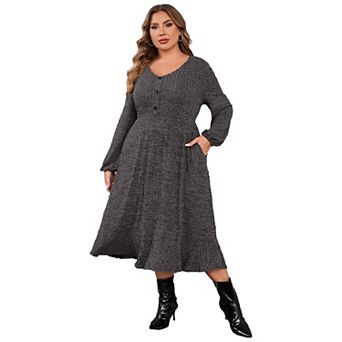 Women's Plus Size Sweater Dress V-Neck Long Sleeve Fall Winter Dressed with Pockets