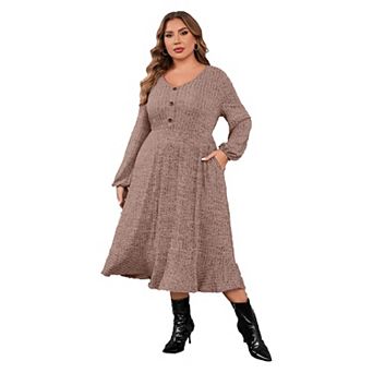 Women's Plus Size Sweater Dress V-Neck Long Sleeve Fall Winter Dressed with Pockets