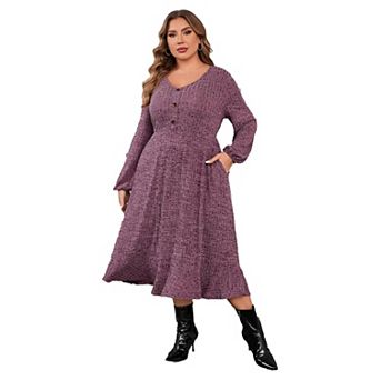 Women's Plus Size Sweater Dress V-Neck Long Sleeve Fall Winter Dressed with Pockets