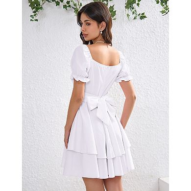Women Summer Mini Dress Short Sleeve V Neck Ruffled Irregular Hem Sundress for Casual Daily