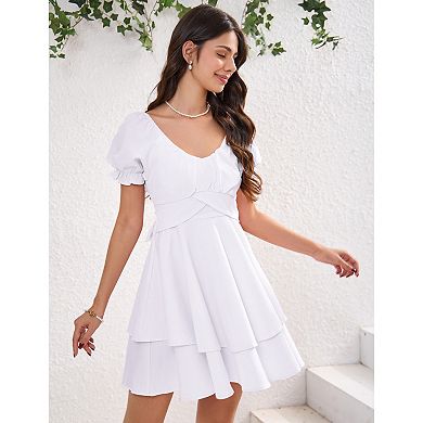 Women Summer Mini Dress Short Sleeve V Neck Ruffled Irregular Hem Sundress for Casual Daily
