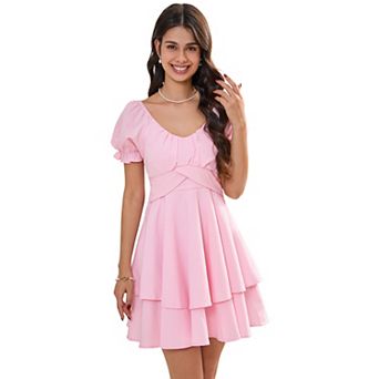 Women Summer Mini Dress Short Sleeve V Neck Ruffled Irregular Hem Sundress for Casual Daily