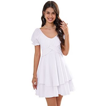Women Summer Mini Dress Short Sleeve V Neck Ruffled Irregular Hem Sundress for Casual Daily