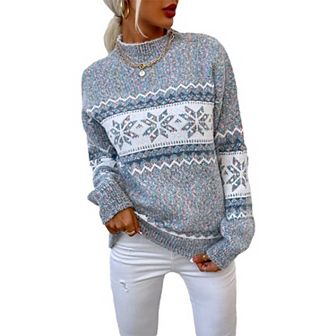 Womens Pullover Sweater Turtleneck Snowflakes Sweater Christmas Ugly Sweater Long Sleeve Sweater