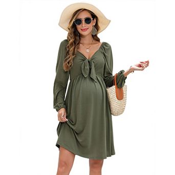 Maternity Dresses for Baby Shower Women's Knotted V Neck Knee Length Wrap Baby Shower Dress