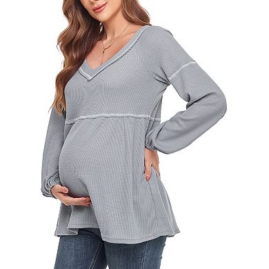Women's Maternity Shirts Waffle V Neck Tunic Long Sleeve Tee Top Babydoll Pregnancy Clothes