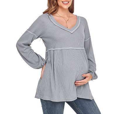 Women's Maternity Shirts Waffle V Neck Tunic Long Sleeve Tee Top Babydoll Pregnancy Clothes