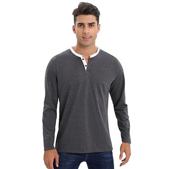 Mens Long Sleeve Henley Shirts Casual Tee Shirts Crew Neck Regular Fit Button Pullover T-Shirts