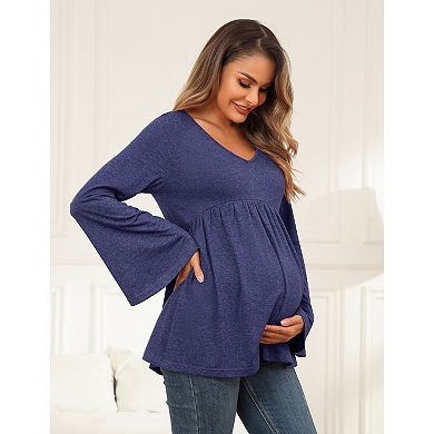 Maternity Shirts Pleated Tunic Flouncy Bell Long Sleeve Babydoll Hollow Out Tie Back Pregnancy Tops