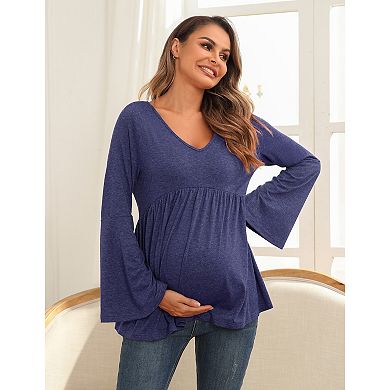 Maternity Shirts Pleated Tunic Flouncy Bell Long Sleeve Babydoll Hollow Out Tie Back Pregnancy Tops