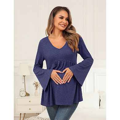 Maternity Shirts Pleated Tunic Flouncy Bell Long Sleeve Babydoll Hollow Out Tie Back Pregnancy Tops