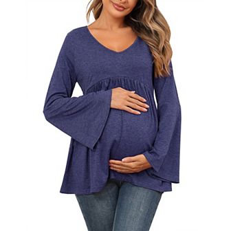 Maternity Shirts Pleated Tunic Flouncy Bell Long Sleeve Babydoll Hollow Out Tie Back Pregnancy Tops
