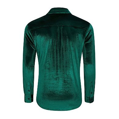 Men's Velvet Shirts Floral Printed Rose Shirts Long Sleeve Button Down Dress Wedding Party Shirts